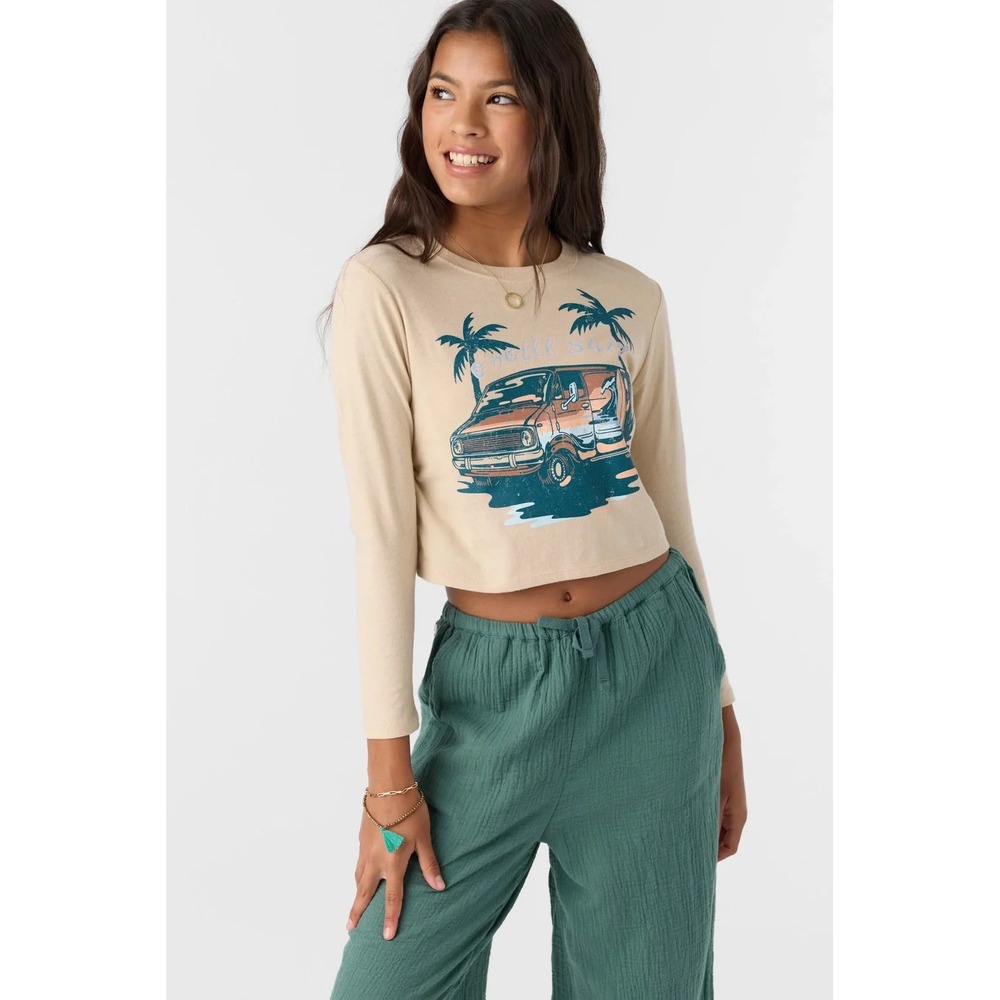 O'Neill Girls Coastal Cruiser Long Sleeve Graphic Cropped Tee Beige Size M NWT